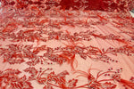 Load image into Gallery viewer, Red Beaded Feather Lace Fabric – Pearl Embroidered Bridal Lace on Mesh – Couture Dress, Prom Gown, Wedding Fabric Sold by Yard
