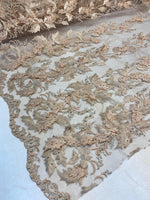 Load image into Gallery viewer, Blush Beaded Feather Lace Fabric – Pearl Embroidered Bridal Lace on Mesh – Couture Dress, Prom Gown, Wedding Fabric Sold by Yard

