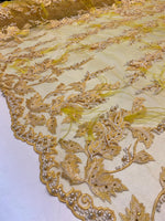Load image into Gallery viewer, Yellow Beaded Feather Lace Fabric – Pearl Embroidered Bridal Lace on Mesh – Couture Dress, Prom Gown, Wedding Fabric Sold by Yard
