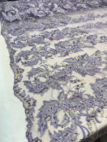 Load image into Gallery viewer, Lavender Beaded Feather Lace Fabric – Pearl Embroidered Bridal Lace on Mesh – Couture Dress, Prom Gown, Wedding Fabric Sold by Yard

