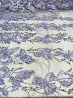 Load image into Gallery viewer, Lavender Beaded Feather Lace Fabric – Pearl Embroidered Bridal Lace on Mesh – Couture Dress, Prom Gown, Wedding Fabric Sold by Yard
