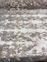 Load image into Gallery viewer, Mauve Beaded Feather Lace Fabric – Pearl Embroidered Bridal Lace on Mesh – Couture Dress, Prom Gown, Wedding Fabric Sold by Yard
