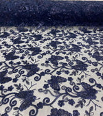Load image into Gallery viewer, Navy Butterfly Sequin Lace Fabric – 3D Embroidered Floral Mesh – Couture Beaded Tulle – Prom Dress, Evening Gown, Bridal, Formal Wear Fabric
