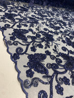 Load image into Gallery viewer, Navy Butterfly Sequin Lace Fabric – 3D Embroidered Floral Mesh – Couture Beaded Tulle – Prom Dress, Evening Gown, Bridal, Formal Wear Fabric
