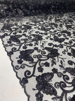 Load image into Gallery viewer, Black Butterfly Sequin Lace Fabric – 3D Embroidered Floral Mesh – Couture Beaded Tulle – Prom Dress, Evening Gown, Bridal, Formal Wear
