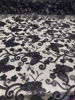 Load image into Gallery viewer, Black Butterfly Sequin Lace Fabric – 3D Embroidered Floral Mesh – Couture Beaded Tulle – Prom Dress, Evening Gown, Bridal, Formal Wear
