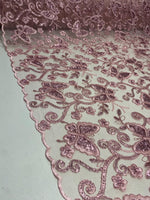 Load image into Gallery viewer, Pink Butterfly Sequin Lace Fabric – 3D Embroidered Floral Mesh – Couture Beaded Tulle – Prom Dress, Evening Gown, Bridal, Formal Wear
