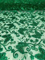 Load image into Gallery viewer, Kelly Green Butterfly Sequin Lace Fabric – 3D Embroidered Floral Mesh – Couture Beaded Tulle – Prom Dress, Evening Gown, Bridal, Formal Wear
