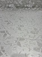 Load image into Gallery viewer, White Butterfly Sequin Lace Fabric – 3D Embroidered Floral Mesh – Couture Beaded Tulle – Prom Dress, Evening Gown, Bridal, Formal Wear
