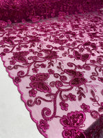 Load image into Gallery viewer, Fuchsia Butterfly Sequin Lace Fabric – 3D Embroidered Floral Mesh – Couture Beaded Tulle – Prom Dress, Evening Gown, Bridal, Formal Wear
