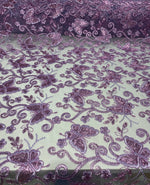 Load image into Gallery viewer, Lavender Butterfly Sequin Lace Fabric – 3D Embroidered Floral Mesh – Couture Beaded Tulle – Prom Dress, Evening Gown, Bridal, Formal Wear
