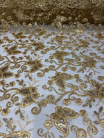Load image into Gallery viewer, Gold Butterfly Sequin Lace Fabric – 3D Embroidered Floral Mesh – Couture Beaded Tulle – Prom Dress, Evening Gown, Bridal, Formal Wear

