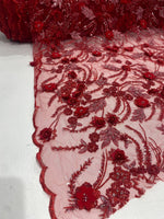Load image into Gallery viewer, Red 3D Floral Beaded Lace Fabric – Heavy Sequin Embroidered Mesh – Couture Bridal, Prom Dress, Evening Gown, Wedding Lace by the Yard
