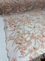 Load image into Gallery viewer, Peach 3D Floral Beaded Lace Fabric – Heavy Sequin Embroidered Mesh – Couture Bridal, Prom Dress, Evening Gown, Wedding Lace by the Yard
