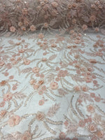 Load image into Gallery viewer, Peach 3D Floral Beaded Lace Fabric – Heavy Sequin Embroidered Mesh – Couture Bridal, Prom Dress, Evening Gown, Wedding Lace by the Yard
