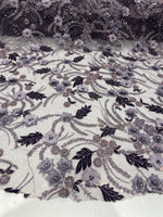 Load image into Gallery viewer, Plum 3D Floral Beaded Lace Fabric – Heavy Sequin Embroidered Mesh – Couture Bridal, Prom Dress, Evening Gown, Wedding Lace by the Yard
