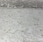 Load image into Gallery viewer, White 3D Floral Beaded Lace Fabric – Heavy Sequin Embroidered Mesh – Couture Bridal, Prom Dress, Evening Gown, Wedding Lace by the Yard
