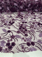Load image into Gallery viewer, Eggplant 3D Floral Beaded Lace Fabric – Heavy Sequin Embroidered Mesh – Couture Bridal, Prom Dress, Evening Gown, Wedding Lace by the Yard

