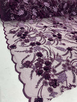 Load image into Gallery viewer, Eggplant 3D Floral Beaded Lace Fabric – Heavy Sequin Embroidered Mesh – Couture Bridal, Prom Dress, Evening Gown, Wedding Lace by the Yard

