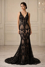 Load image into Gallery viewer, Black Beaded Lace Fabric Mesh – Luxury Sequin Embroidered Fabric by the Yard – Bridal, Evening Gown, Prom Dress, Couture Lace Material
