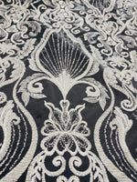 Load image into Gallery viewer, White Beaded Lace Fabric on Nude Mesh – Luxury Sequin Embroidered Fabric by the Yard – Bridal, Evening Gown, Prom Dress, Couture Lace
