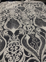 Load image into Gallery viewer, Ivory Beaded Lace Fabric on Mesh – Luxury Sequin Embroidered Fabric by the Yard – Bridal, Evening Gown, Prom Dress, Couture Lace
