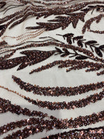 Load image into Gallery viewer, Brown Beaded Leaf Vine Lace Fabric – Luxury Glitter Tulle Embroidery – Bridal, Evening Gown &amp; Couture Dress Material by the Yard
