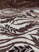Load image into Gallery viewer, Brown Beaded Leaf Vine Lace Fabric – Luxury Glitter Tulle Embroidery – Bridal, Evening Gown &amp; Couture Dress Material by the Yard
