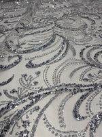 Load image into Gallery viewer, Gray Sequin Embroidered Lace Fabric – Luxury Floral Glitter Tulle – Bridal, Evening Gown, Prom Dress, Wedding Decor by the Yard

