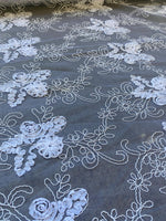 Load image into Gallery viewer, White floral lace ,embroider with sequin on mesh scalloped, sold by the yard 54” wide
