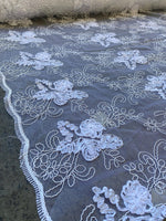 Load image into Gallery viewer, White floral lace ,embroider with sequin on mesh scalloped, sold by the yard 54” wide
