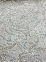 Load image into Gallery viewer, White Beaded Lace Fabric – Bridal Lace with Sequins &amp; Pearls, Embroidered Floral Mesh, Wedding Dress Fabric, Luxury Lace by the Yard
