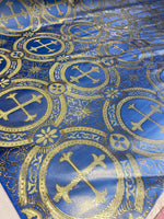 Load image into Gallery viewer, Light Blue Gold Brocade Fabric – Ornate Cross Pattern Upholstery &amp; Church Fabric, Metallic Jacquard, Luxury Baroque Fabric by the Yard
