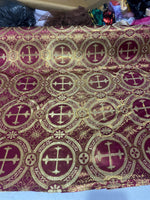 Load image into Gallery viewer, Burgundy Gold Brocade Fabric – Ornate Cross Pattern Upholstery &amp; Church Fabric, Metallic Jacquard, Luxury Baroque Fabric by the Yard
