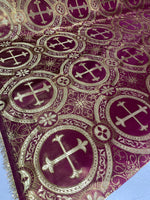 Load image into Gallery viewer, Burgundy Gold Brocade Fabric – Ornate Cross Pattern Upholstery &amp; Church Fabric, Metallic Jacquard, Luxury Baroque Fabric by the Yard
