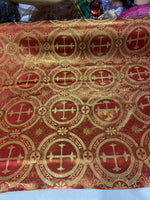 Load image into Gallery viewer, Red Gold Brocade Fabric – Ornate Cross Pattern Upholstery &amp; Church Fabric, Metallic Jacquard, Luxury Baroque Fabric by the Yard
