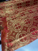 Load image into Gallery viewer, Red Gold Brocade Fabric – Ornate Cross Pattern Upholstery &amp; Church Fabric, Metallic Jacquard, Luxury Baroque Fabric by the Yard
