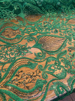 Load image into Gallery viewer, Emerald Beaded Lace Fabric, Sequined Embroidered Tulle, Bridal Lace by the Yard, Evening Gown Fabric, Luxury Dress Material
