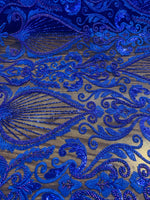 Load image into Gallery viewer, Royal blue Beaded Lace Fabric, Sequined Embroidered Tulle, Bridal Lace by the Yard, Evening Gown Fabric, Luxury Dress Material
