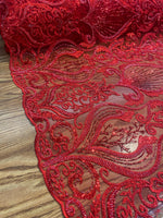 Load image into Gallery viewer, Red Beaded Lace Fabric, Sequined Embroidered Tulle, Bridal Lace by the Yard, Evening Gown Fabric, Luxury Dress Material
