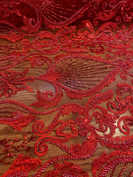 Load image into Gallery viewer, Red Beaded Lace Fabric, Sequined Embroidered Tulle, Bridal Lace by the Yard, Evening Gown Fabric, Luxury Dress Material
