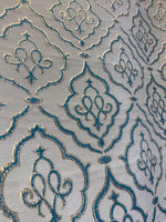 Load image into Gallery viewer, Blue Damask Upholstery Fabric Scroll Medallion – Traditional Jacquard Home Decor Fabric by the Yard
