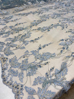 Load image into Gallery viewer, Blue Beaded Feather Lace Fabric – Pearl Embroidered Bridal Lace on Mesh – Couture Dress, Prom Gown, Wedding Fabric Sold by Yard
