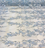 Load image into Gallery viewer, Blue Beaded Feather Lace Fabric – Pearl Embroidered Bridal Lace on Mesh – Couture Dress, Prom Gown, Wedding Fabric Sold by Yard
