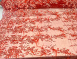 Load image into Gallery viewer, Red Beaded Feather Lace Fabric – Pearl Embroidered Bridal Lace on Mesh – Couture Dress, Prom Gown, Wedding Fabric Sold by Yard
