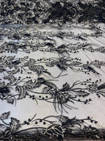 Load image into Gallery viewer, Black Beaded Feather Lace Fabric – Pearl Embroidered Bridal Lace on Mesh – Couture Dress, Prom Gown, Wedding Fabric Sold by Yard
