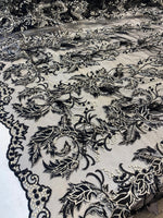 Load image into Gallery viewer, Black Beaded Feather Lace Fabric – Pearl Embroidered Bridal Lace on Mesh – Couture Dress, Prom Gown, Wedding Fabric Sold by Yard
