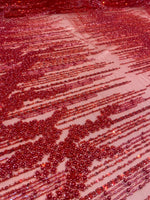 Load image into Gallery viewer, Red Lace Fabric – Hand-Beaded Mesh with Linear Fringe Design – Couture Eveningwear, Bridal, Gown &amp; Luxury Decor Fabric by the Yard
