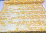 Load image into Gallery viewer, Yellow Beaded Feather Lace Fabric – Pearl Embroidered Bridal Lace on Mesh – Couture Dress, Prom Gown, Wedding Fabric Sold by Yard
