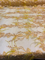 Load image into Gallery viewer, Yellow Beaded Feather Lace Fabric – Pearl Embroidered Bridal Lace on Mesh – Couture Dress, Prom Gown, Wedding Fabric Sold by Yard
